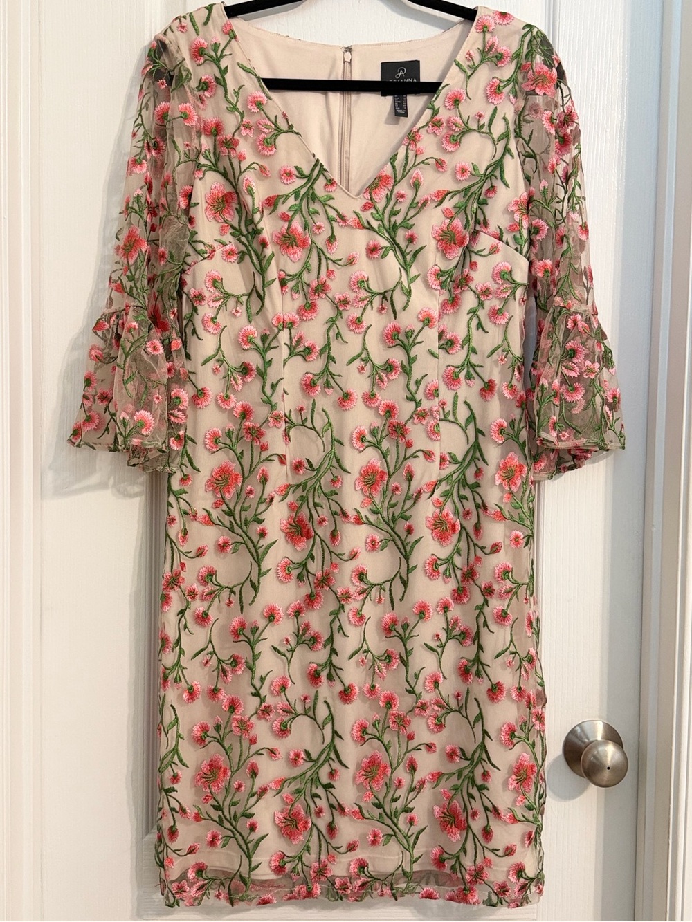 Adrianna Papell Feminine Romantic Boho Floral Embroidered Midi Dress Sz 10